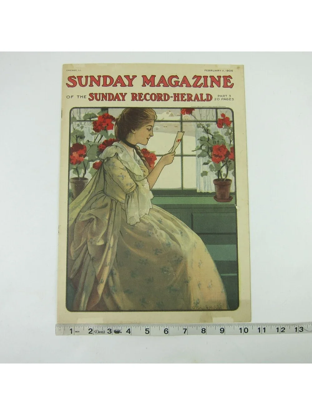 Sunday Record Herald Magazine Woman Reads Valentine Red Flowers Antique 1906